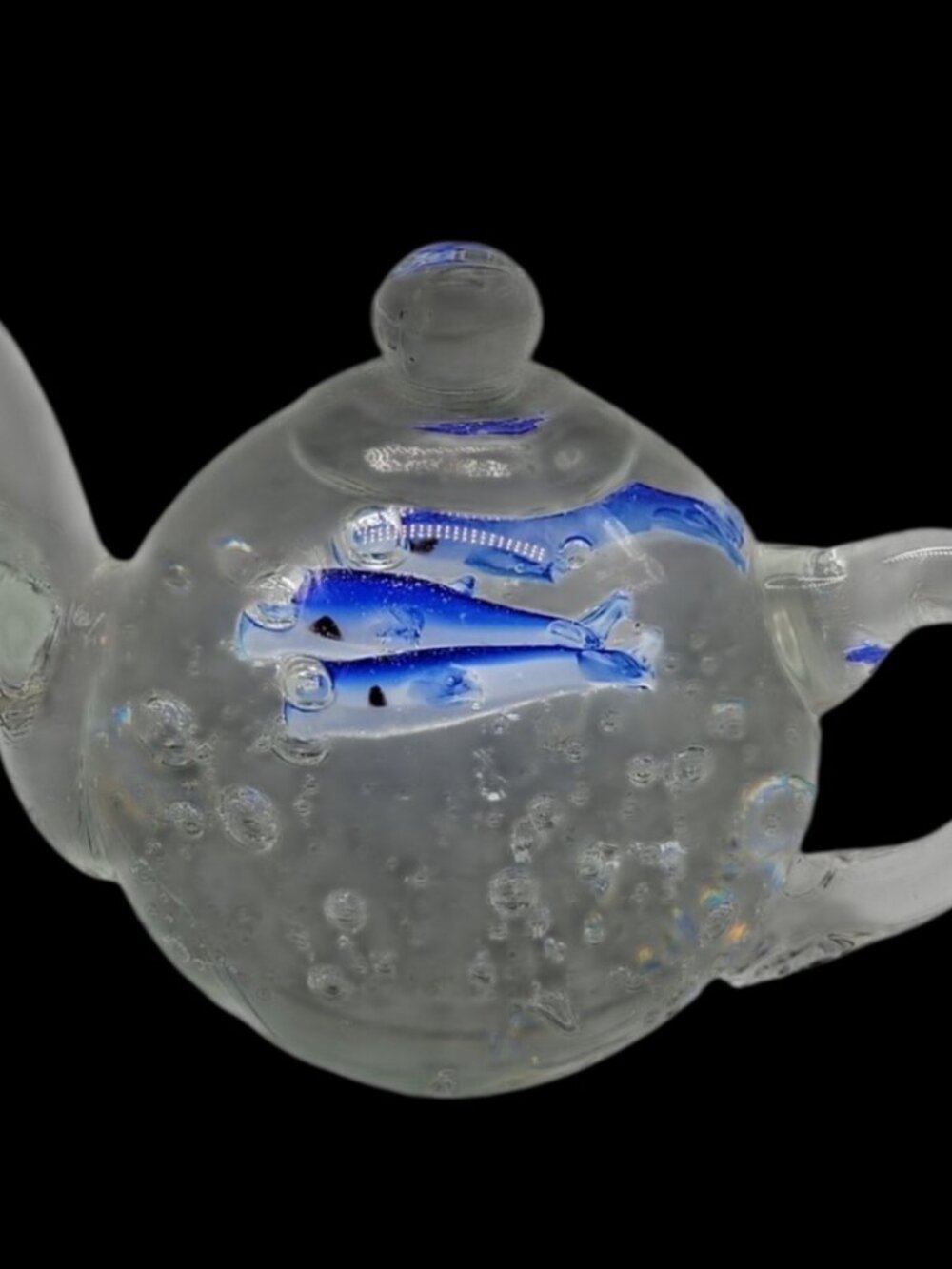 Dynasty Gallery Paper Weight Heirloom Collectibles Blue Fish Glass Teapot  4”